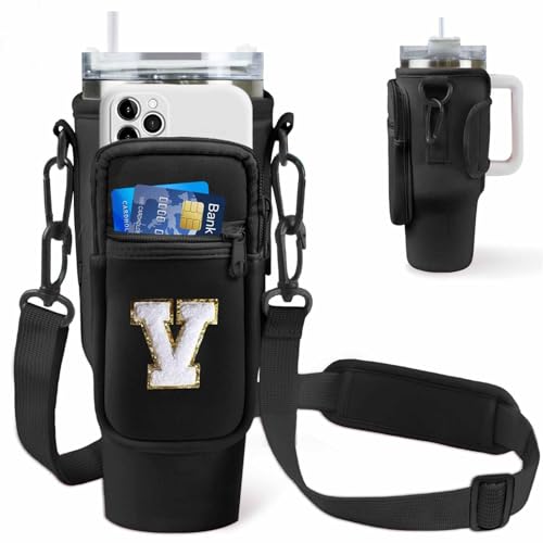 Image of Water Bottle Carrier Bag with Phone Pocket for Stanley 40oz Tumbler,Glitter Initial Sport Water Bottle Holder Sling Pouch with Adjustable Strap for Stanley Cup Accessories (Black V)