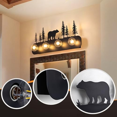 Image of TOCHIC Rustic Bathroom Light Fixtures, 4 Lights Farmhouse Bathroom Vanity Light Over Mirror Dimmable, Western Bear Sconces Wall Lighting for Mirror Cabinets, Powder Room, Living Room, Black, 26 inchL