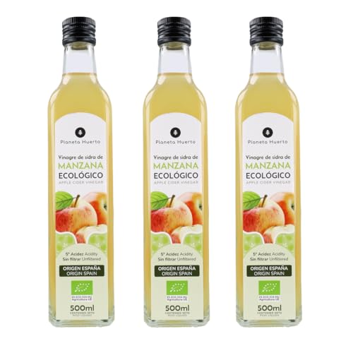 PLANETA HUERTO | Pack 3x Vinagre de Sidra de Manzana Ecológico con Madre 500 ml, Vinagre Natural sin Filtrar - Vinagre de Sidra, Fermentado en Barrica y Rico en Enzimas Digestivas