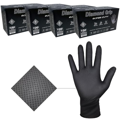 LAUCO Heavy Duty Industrial Black Nitrile Gloves with Raised Diamond Texture, 8-mil, Latex Free, Powder Free (4, Large (Pack of 400))