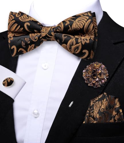 Image of Dubulle Mens Paisley Striped Bowtie Set Pre-tied Bowtie for Men and Pocket Square Set Wedding Business
