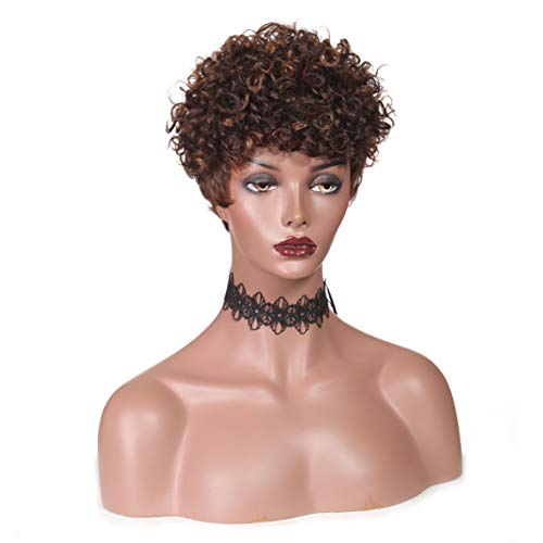 Rinboool Short Curly Brazilian Human Hair Mommy Wigs For Black Women None Lace 2 Tone Piano Color Medium Brown Highlighted Auburn Brown #4/30 (With 1 Free Wig Cap)