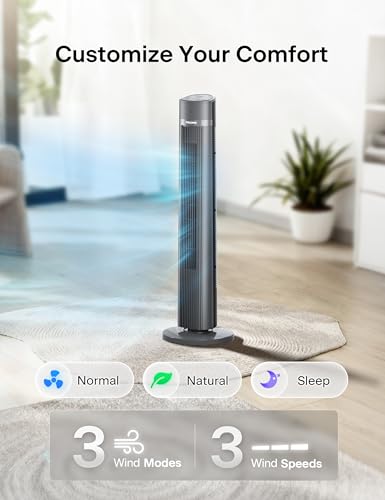 Image of PELONIS 40-inch Bladeless Tower Fan for Bedroom, Standing Fan with Remote Control, 26ft /s, 90 Oscillation, 3 Speed Settings, 27 dB, 3 Modes, 15-Hour Timer, LED Display, Fan that Blows Cold Air, Black