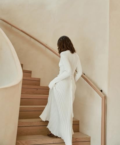 Image of Women's Long Knit Crewneck Sweater Dress Tie Waist A-Line Swing Pleated Bodycon