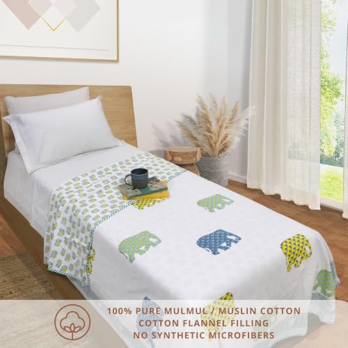 Image of TOAIArt Premium Jaipuri Dohar | AC Blanket Summer Quilt | Hand Block Printed | 3 Layers | Reversible | 150GSM 100% Mulmul Cotton | 100% Cotton Flannel Filling | Single 60 inch X 90 inch | Multicolor Elephant