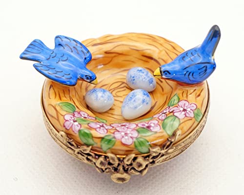 Authentic French Porcelain Hand Painted Limoges Box Cute Love Birds In Nest With Eggs #TOP1