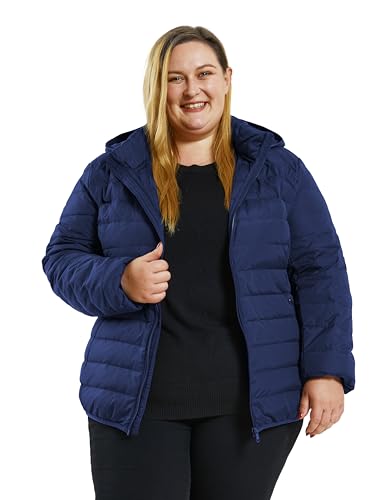 Soularge Women's Plus Size Winter Waterproof Lightweight Down Jacket with Hood(Navy, 2X)