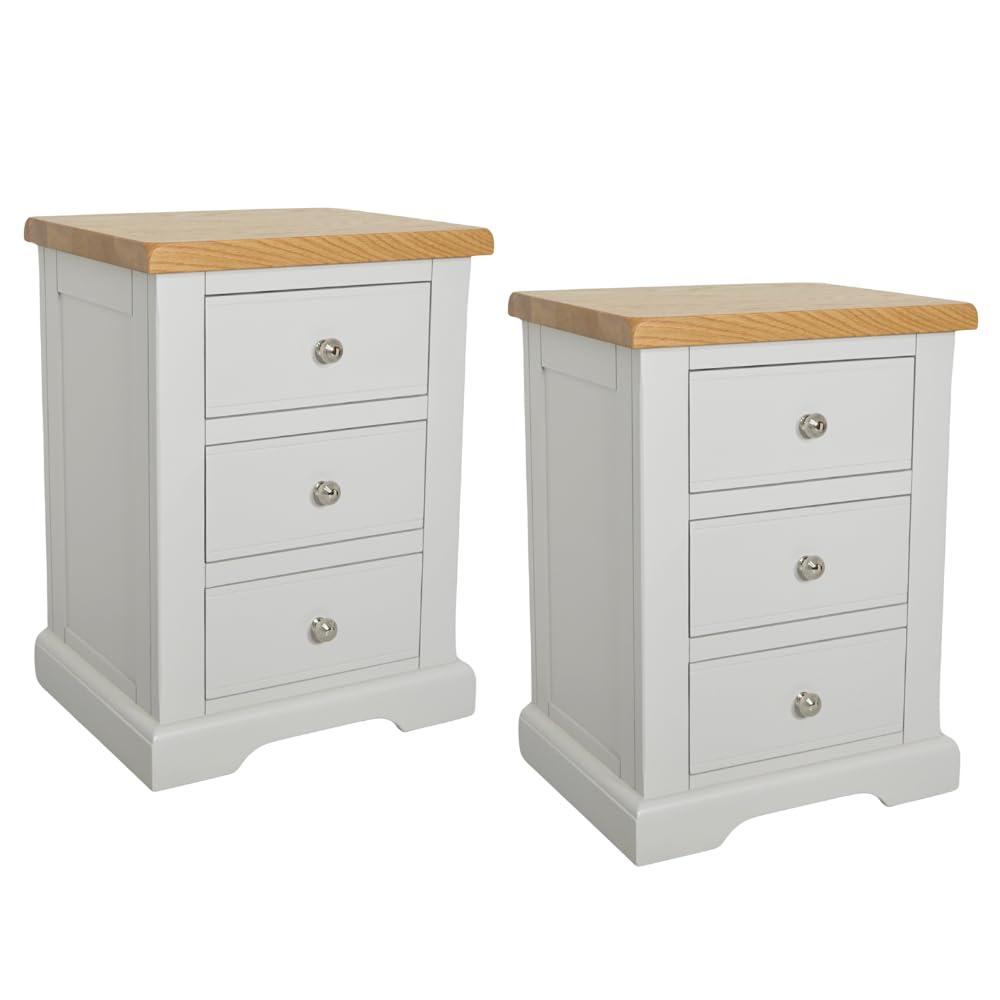 GROFurniture Cashmere Grey Large Bedside Nightstand set of 2 Real Wood Oak Top 3 Drawers, 2pcs pair of Sofa Side End Table for Living Room and Bedroom W48x D40x H67cm