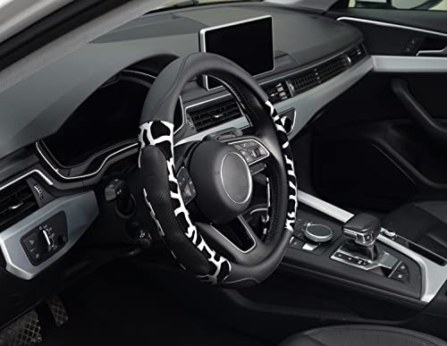 Zhol Cow Print Steering Wheel Cover, Universal 15 Inch Microfiber Leather Steering Wheel Cover For Women Men, Anti-Slip, Black&Silver #TOP3