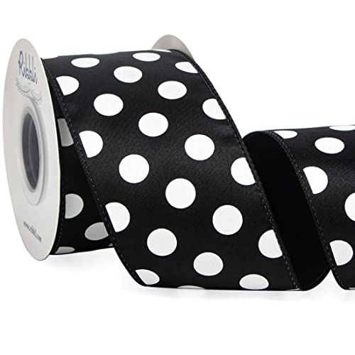 Ribbli Black with White Dots Ribbon Black and White Wired Satin 2-1/2 Inch x Continuous 10 Yard,Polka Dot Ribbon for Big Bow,Wreath,Tree Decoration