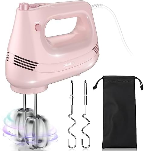 GUALIU Electric Hand Mixer with Stainless Steel Whisk, Dough Hook Attachment and Storage Bag, Handheld Mixer for Baking Cakes, Eggs, Cream Food Mixers. Turbo Boost /5 Speed Kitchen Blender PINK