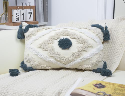 Nuyecy 4600-SHUANGLING-SHENLAN-1220 Decorative Farmhouse Throw Pillow Covers 12 X 20,Modern Neutral Couch Pillow Cover,Cotton Checked Pattern Boho Lumbar Pillow Case Cover