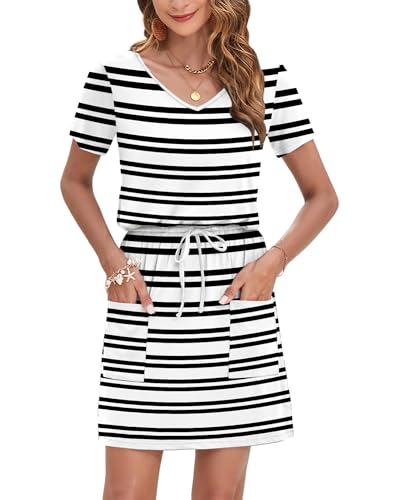 Image of AUSELILY Womens Summer Dresses 2026 Causal Short Sleeve V Neck Tie Front Mini Short Dress with Pockets