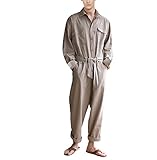 Men's Belted Korean Loose Coverall, Single Breasted Turn-Down Collar Jumpsuit Dark Khaki S