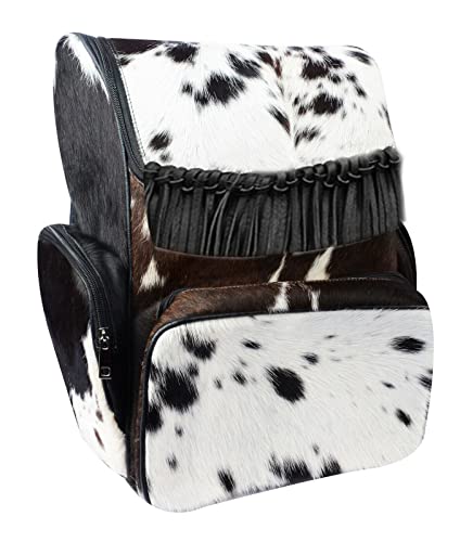 Image of III-Fashions Cowhide Hair Print Fur Leather Fringe Diaper Backpack Rucksack/Knapsack Travel Shoulder Bag Black & White Mother Mama Gifts