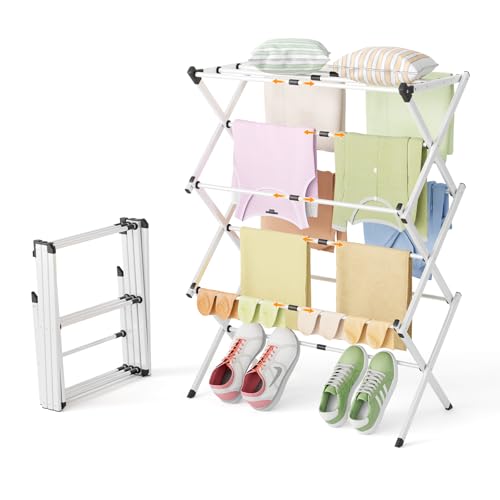 CEHIFIA Escorredor de roupas dobrável – Rack de secagem de roupa de 3 níveis, arejador interno de metal dobrável, secador de roupas portátil tipo X com cabide de sapatos para casa e varanda (não é
