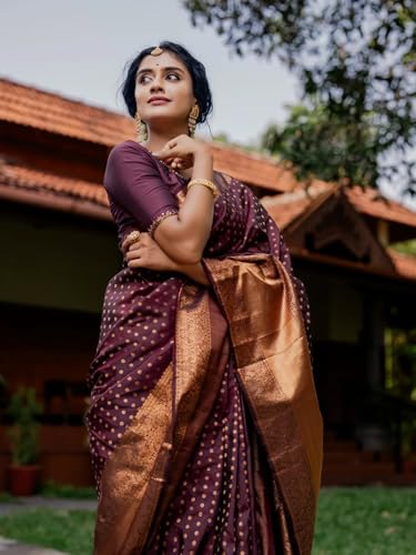Image of Sugathari Women's Maroon Banarasi Kanchipuram Art Silk Saree for Women - Traditional Wedding & Party Saree with Blouse Piece - Ethnic Indian Silk Saree for Bridal, Festive (KS-156)
