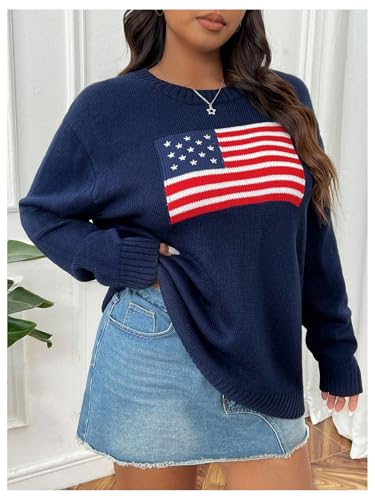 GORGLITTER Women's Plus Size American Flag Sweater Fall Chunky Oversized Long Sleeve Crew Neck Knit Tops3