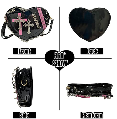 Goth Purse Kawaii Gothic Bag Y2K Heart Shaped Bag Punk Cross Decor Bag Studded Crossbody Bag3