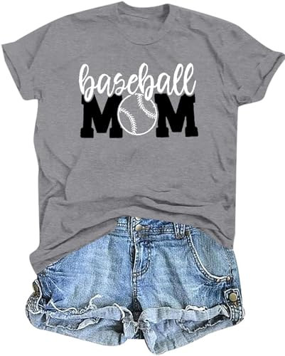 MOUSYA Baseball Mom Shirt Womens Mom Shirt Short Sleeve O-Neck Letter Print Casual Tops Tees Grey
