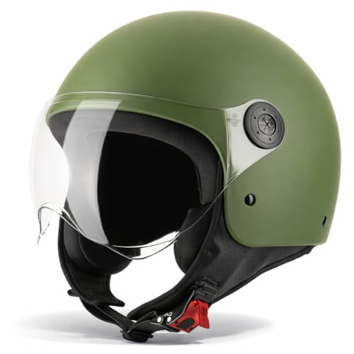 VINZ Duoro Roller Helm Jet Helm Mopedhelm Herren und Damen | in Gr. XS-XXL | Jethelm mit Visier | ECE 22.06 Zertifiziert | Motorradhelm | Erhältlich Army Green