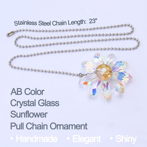 Image of LEFERS Ceiling Fan Pull Chain, 2 Pieces 1.8 inch Crystal Glass Flower Pendants with 24 inch Ceiling Fan Chain Extender and Connector (Crystal AB)