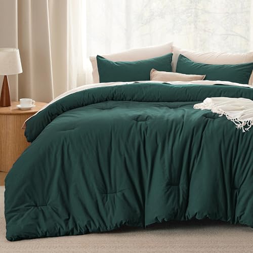 Image of Bedsure Comforter Set Queen Size - Cotton Fabric with Microfiber Inner Fill, Forest Green PureWoven Soft Bed Set for All Seasons, 3 Pieces, 1 Comforter (90 inchx90 inch) and 2 Pillow Cases (20 inchx26 inch)