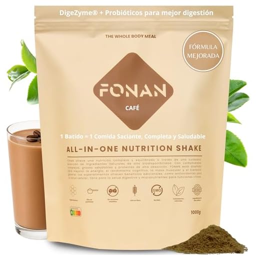 FONAN Batidos Sustitutivos de Comida y Desayuno Sanos para una Dieta Completa 1,2KG - Batidos Saciantes con Vitaminas, Minerales, Hidratos de Carbono, Proteina en Polvo, Espirulina y Baobab CAFE