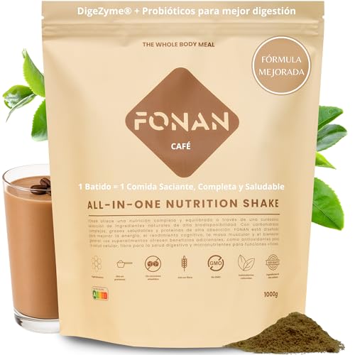 FONAN Batidos Sustitutivos de Comida y Desayuno con Enzimas DigeZyme y Probioticos   Batidos Saciantes Completos y Sanos con Proteina, Carbohidratos, Vitaminas, Minerales y Superalimentos CAFE