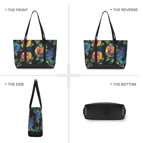 KLL Black Vivid Colorful Roses simple briefcase bag with zipper 14 inch bag Large Handbag for ladies with tablet bolsos secret para mujeres3