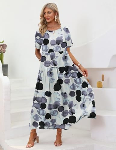 Image of YESNO Women Casual Loose Bohemian Floral Dress with Pockets Short Sleeve Long Maxi Summer Beach Swing Dress EJF