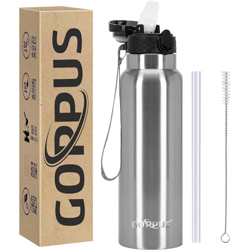 GOPPUS 750ml/26oz Stainless Water Bottle with Straw Double Wall Insulated Bottles with Strap Reusable Vacuum Thermal Flask Leakproof Keep Cold Drinks Bottles with Flip Top Lid for Men Women BPA Free