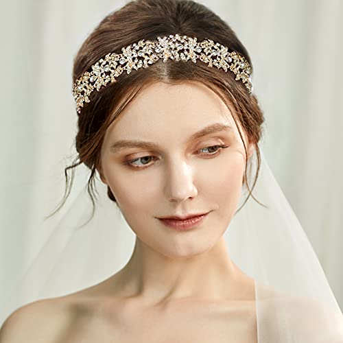 BABEYOND Bridal Rhinestone Headband Wedding Headpiece for Bride Crystal Hair Accessories Vine Hairband with Lace Ribbon (Style-3-Gold)