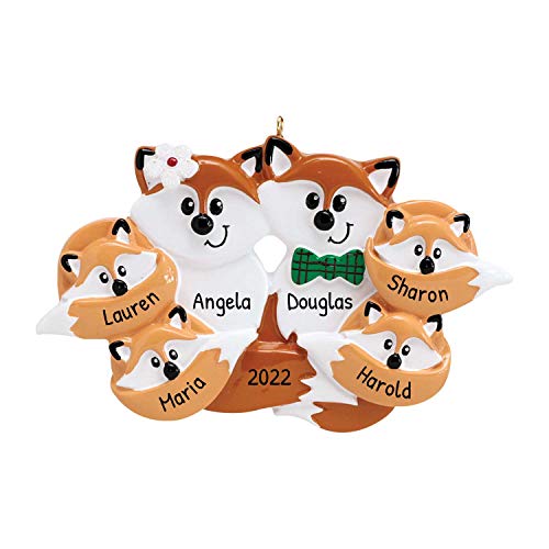 Personalized Red Fox Family of 6 Christmas Tree Ornament 2021 - Cute Parent Child Hug Together Winter Eve Holiday Grand-Kid Gift Tradition Flower Tie Gift Year - Free Customization (Six)