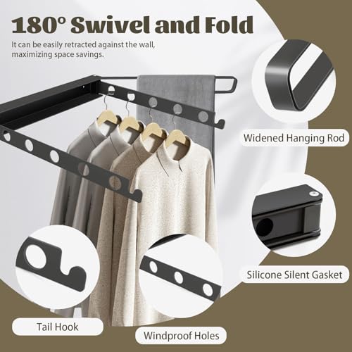 Modixun Wäscheständer Wandmontage, 180° Faltbarer Wäscheständer Kleidung mit 4 Drehstangen, Platzsparende Schwerlast Legierung Kleiderbügel Rack Zusammenklappbar, Grau