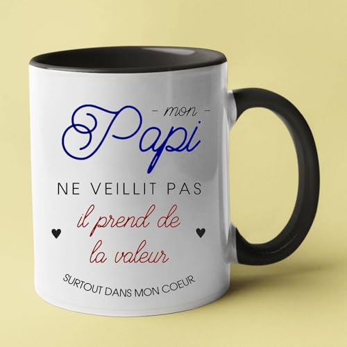 Taza personalizada genérica con mensaje de papi gana valor en francés, taza de papi con cita, blanco y negro, regalo sentimental