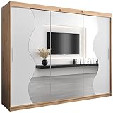 ABIKSMEBLE Armario con Puertas correderas Madryt 250 Armario con Barra y Estante Armario con Espejo de Dormitorio (Roble Artesano + Blanco Mate)