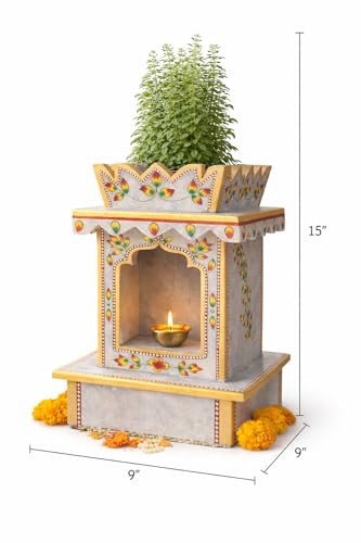Image of Handcrafted Decorative Planter Shrine, Painted Plant Stand with Floral Design, Marble Finish 15 inch
