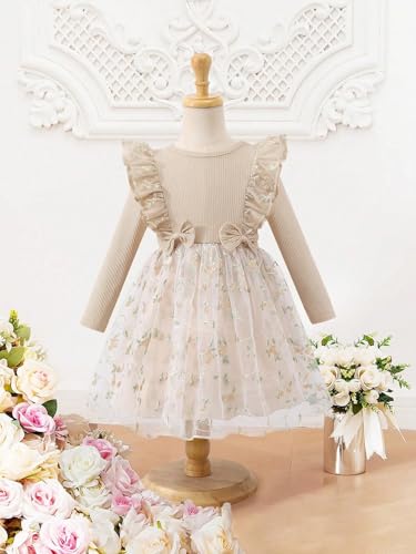 Image of Tagas Girls' Dress|Elegant Beige Baby Girl Dress with Lace Ruffles & Floral Embroidery - Long Sleeve Princess Birthday Party Dress | Comfortable & Stylish Kids Wear| PartFrock for Kids |