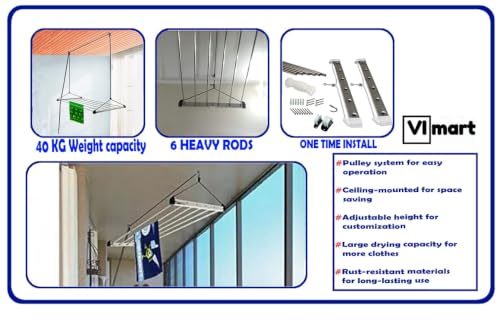 Image of VIMART Stainless Steel Heavy Duty Ceiling Cloth Dryer, UV Protected Nylon Ropes dropdown Ceiling Clothes Dryer Stand (Steel) (6 Pipes x 6 Feet)