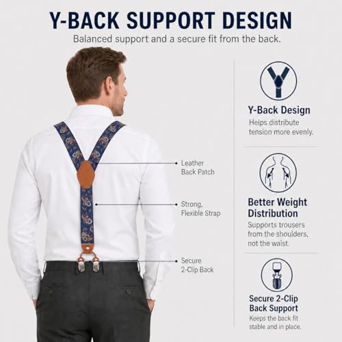 Image of Men's Heavy Duty Y-Back Suspenders, 6 Strong Metal Clips Adjustable Elastic Straps for Work, Tuxedos, and Daily Wear