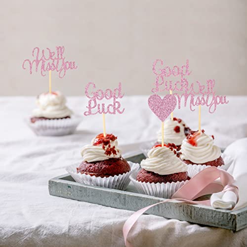 Donoter 24 Pieces Pink Glitter We Will Miss You Cupcake Toppers Good Luck Heart Cake Picks For Going Away Party Table Decorations #TOP2