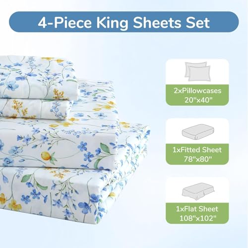 Image of MUXHOMO King Size 4 Piece Sheet Set, Soft Breathable Bed Sheet Set for Bedroom with Deep Pocket Up to 16 inch, Wrinkle-Free & Cooling Bedding for Oeko-TEX Certified - Sweet Blueberry