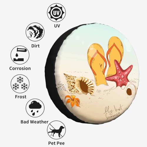 Image of Summer Beach Spare Tire Cover Seashells Starfish and Flip Flops Wheel Covers for RV Tires Camper Tire Case Protectors for Trailer Rv SUV Truck Travel Trailer 15 in