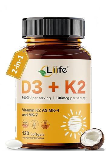 LIIFE Vitamin D3 K2 5000 IU (MK7 + MK4) with Organic Coconut Oil – Supports Bone Strength, Calcium Absorption & Immune Health | Non-GMO | 120 Softgels