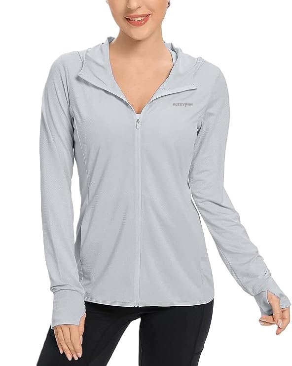 Image of Alexvyan Size-L Full Length Women's UV & Sun Protection Jacket with 4 Pocket, Light weight Summer Screen Hoodie, UPF 50+ Protection for Outdoors, Long Full Zipper Jacket- FIT 50-65 KG (Grey, Hooded)