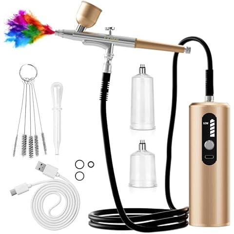 AirBrush Kit with Compressor dual-action airbrush Rechargeable Handheld Air brush for nails，Painting ，Makeup，Barber，Cake，Mode (Golden) Cover