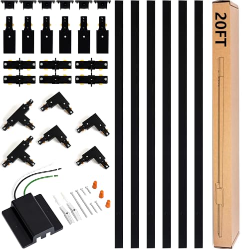 20FT H Track Lighting Rails Kit, Black | H Type Track Rails with Floating Canopy Connector, End Caps, Live End Feed and T L Connector