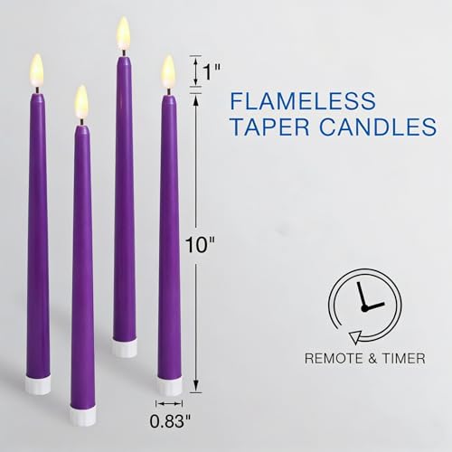 Image of Purple Flameless Taper Candles with Remote, Battery LED Candlesticks Flickering Set of 4