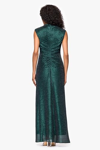 Image of Betsy & Adam Women's Metallic Knit Full Length Gown with Bateau Neck & Ruched Bodic